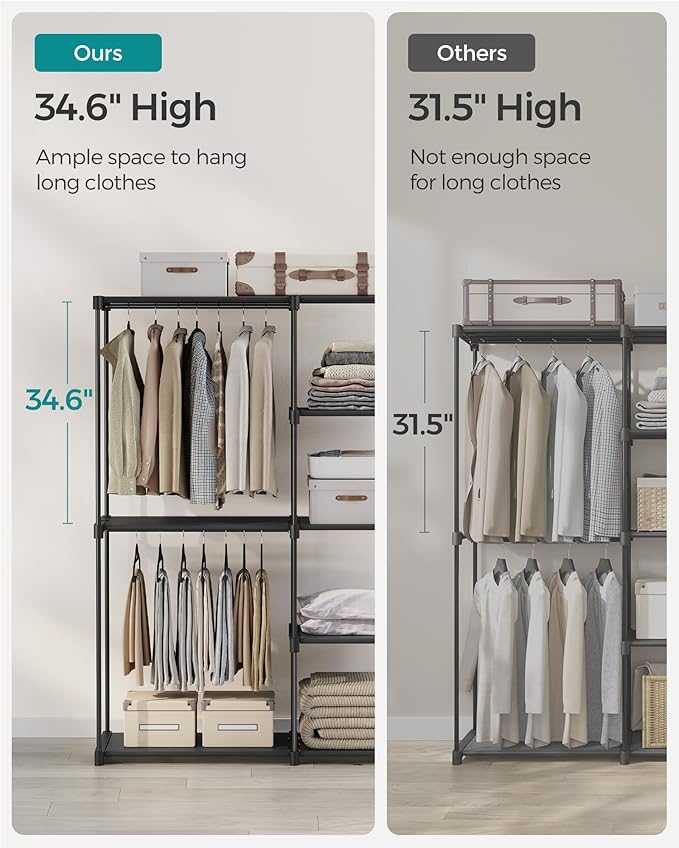 SONGMICS Portable Closet, Freestanding Closet Organizer, Clothes Rack with Shelves, Hanging Rods, Storage Organizer, for Cloakroom, Bedroom, 48.8 x 16.9 x 71.7 Inches, Black URYG026B02