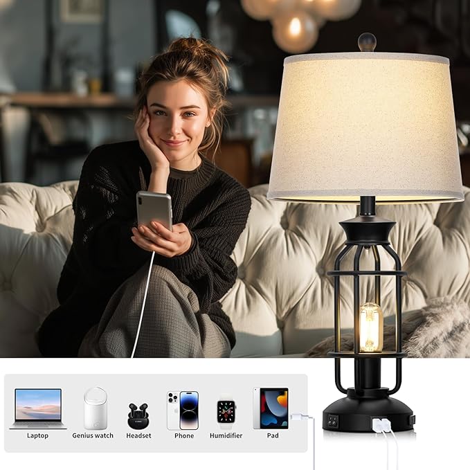 28" Vintage Table Lamps with USB C+A Ports & AC Outlet, Industrial Farmhouse Table Lamp Set of 2, Black Modern Nightstand Beside Lamps with 2 Night Light for Living Room Bedroom(4 LED Bulbs Included)