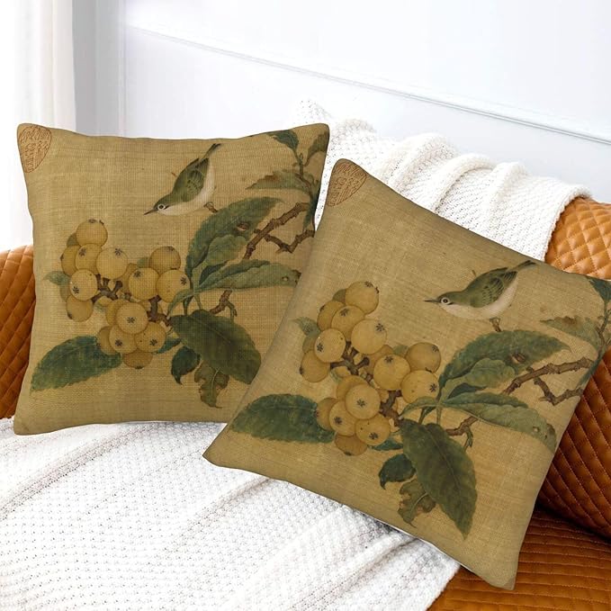 Vintage Rustic Chinoiserie Floral Bird Throw Pillow Covers 18x18 Inch Set of 2 Farmhouse Flowers Decorative Pillows Cover Retro French Country Cushion Case of Sofa Living Room Bedroom