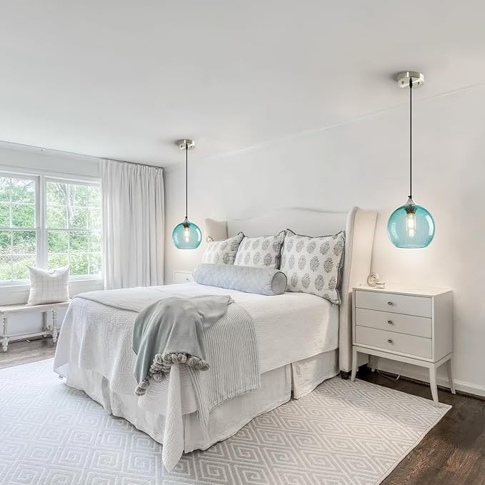 Light Blue Glass Pendant Lights Kitchen Island Lighting Globe Pendant Light Fixtures Modern Pendant Lighting for Bedroom Living Dining Room Light Fixture (7.87 in, 1 Pack)