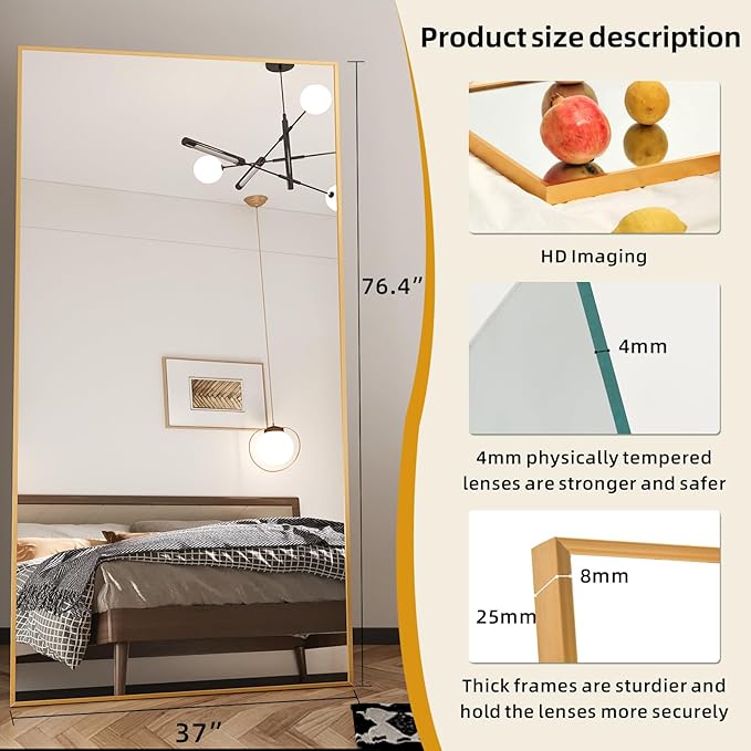 Beauty4U 76" x 37" Large Full Length Mirror with Stand, Gold Wall Mounting Full Body Tempered Mirror, Metal Frame Full-Length Mirror for Living Room, Bedroom