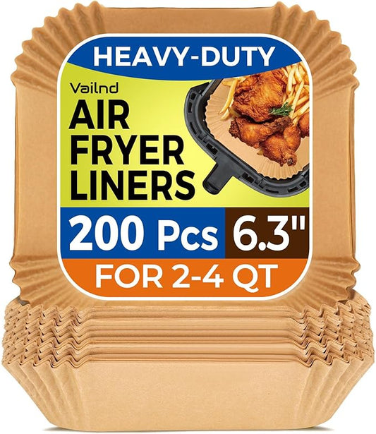 Air Fryer Paper Liners, 200pcs Air Fryer Liners Disposable, 6.3" Square Baking Liner for 2-4 qt Airfryer Basket, Non-stick and Oil Proof Parchment Paper for Oven, Pans & Baking