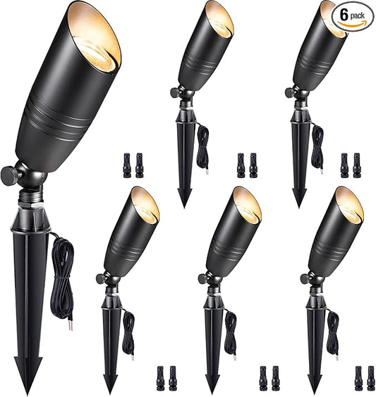 Low Voltage Spot Lights - Black Solid Brass Landscape Spotlight Wired, 12V Outdoor LED Bullet Uplights, Waterproof Electric Black for Patio Wall Without MR16 Bulb (6 Pack)