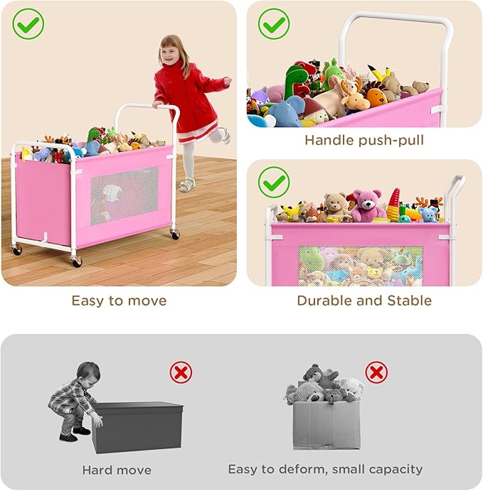 KEEGH Extra Large Toy Box for Kids with 360° Rotating Wheels, Heavy Duty Toy Chest for Boys and Girls, Toy Storage Organizer for Kids, Toy Bins for Living Room, Nursery, Bedroom (Pink)