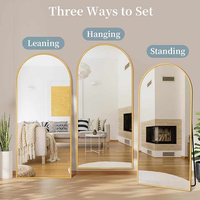 Full Length Mirror with Stand, 71"x28" Arched Full Body Large Stand Up Aluminum Frame Floor Standing Mirror, Freestanding Hanging Leaning Mounted for Bedroom Living Room Entryway Gold