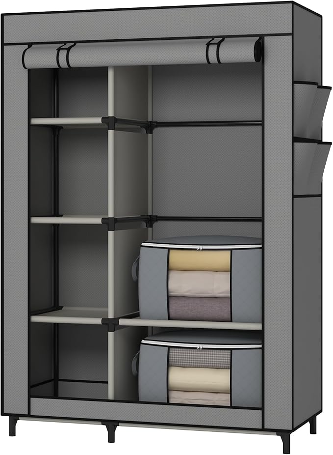 Calmootey Portable Closet, Wardrobe with 6 Shelves and Hanging Rod, Storage Organizer for Bedroom, Non-Woven Fabric Cover with 4 Side Pockets, Includes 2 Storage Bags for Clothes, Grey