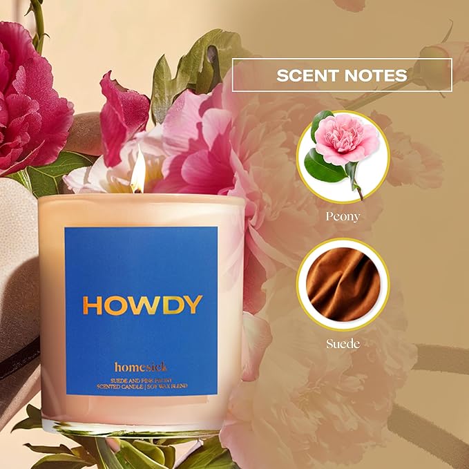 Homesick Scented Candles for Home (Howdy) - 7.5 oz Long-Lasting Natural Soy Wax Blend Jar Candle Gift for Women & Men for All Occasions, 30-35 Hours Burn Time - Notes of Pink Peony & Suede