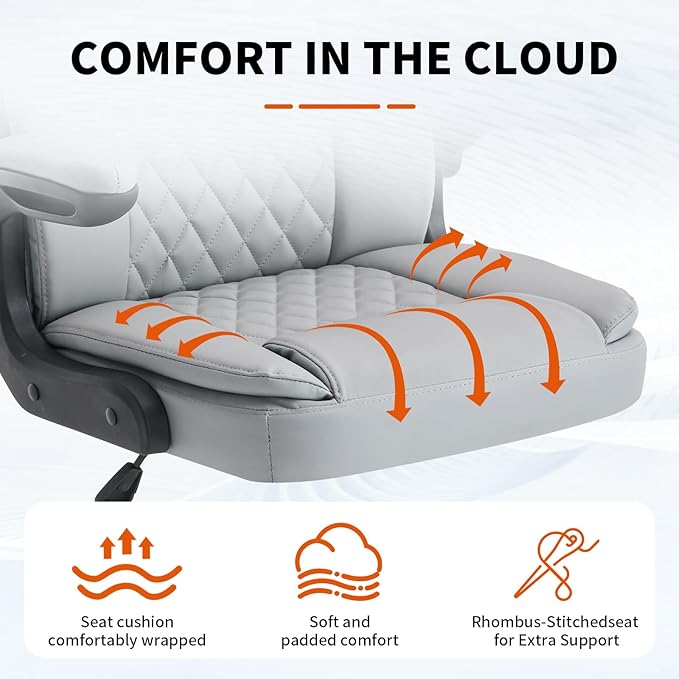 Office Chair, Executive Leather Home Office Desk Chair - Ergonomic Computer Chair with Back & Lumbar Support, 360°Swivel, Adjustable Flip-Up Armrests, Rocking Function Gray