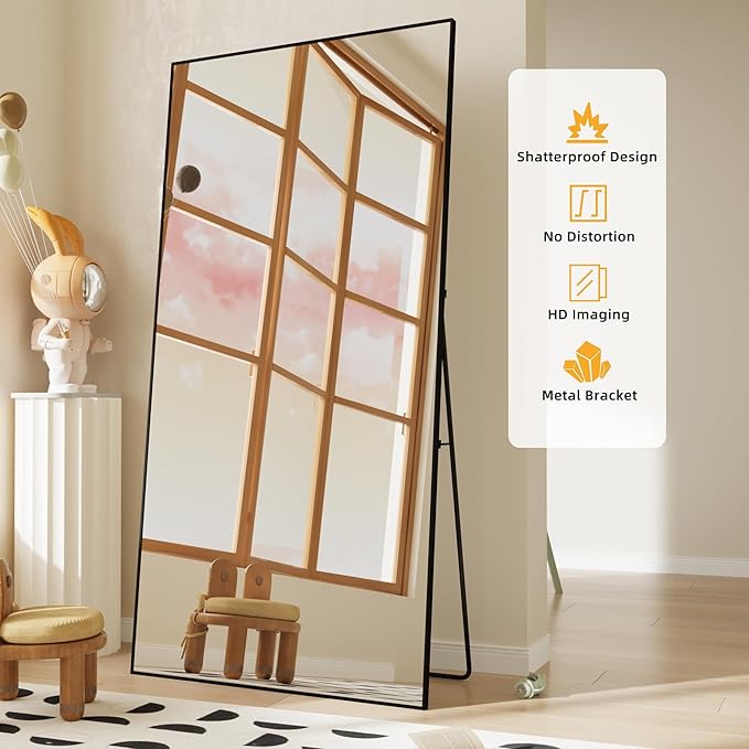 FANYUSHOW Full Length Mirror with Stand 65"x23.6",Floor Standing Aluminum Frame for Living Room,Tempered Glass Floor Mirror,Simple Home Decor,Wall Decor for Bedroom & Bathroom,Full Body Mirror,Black