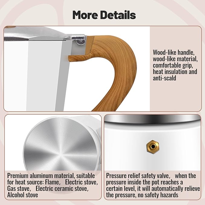 3 Cup Aluminum Moka Pot Classic Stovetop Espresso Coffee Maker 150ml 5oz Coffeemaker Percolator Mocha Express Preferred Cafe Makers for Italian and Cuban Café Brewing White