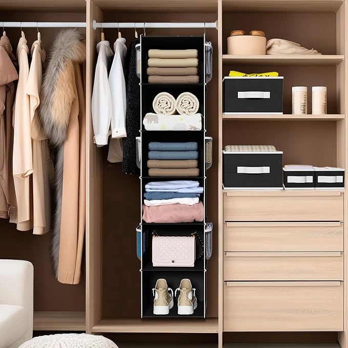 Univivi 6 Shelf Hanging Closet Organizer and Storage with 4 Removable Drawers & 6 Side Pockets,Wardrobe Clothes Organizer,Closet Hanging Shelves,Hanging Storage Organizer,Foldable