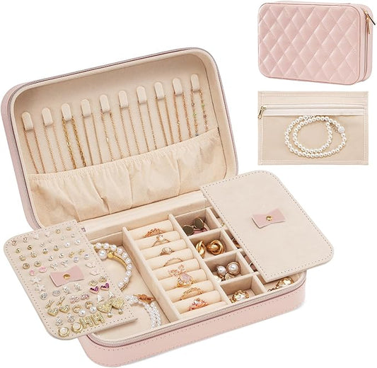 Lolalet Travel Jewelry Case for Women, Travel Jewelry Organizer Box with Mirror & Clear Storage Bag, Small Portable Traveling Earring Necklace Bracelet Ring Case, Bridesmaid Gifts -Medium, Pink