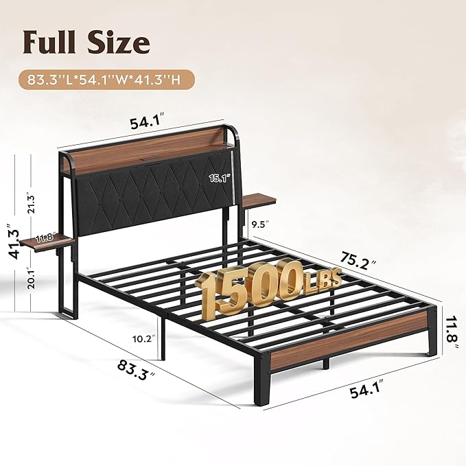 WLIVE Full Upholstered Bed Frame with 2 Side Shelves, Linen Tufted Storage Headboard with Charging Ports and LED Light, Metal Solid and Stable, No Box Spring Needed, Easy Assembly, Brown