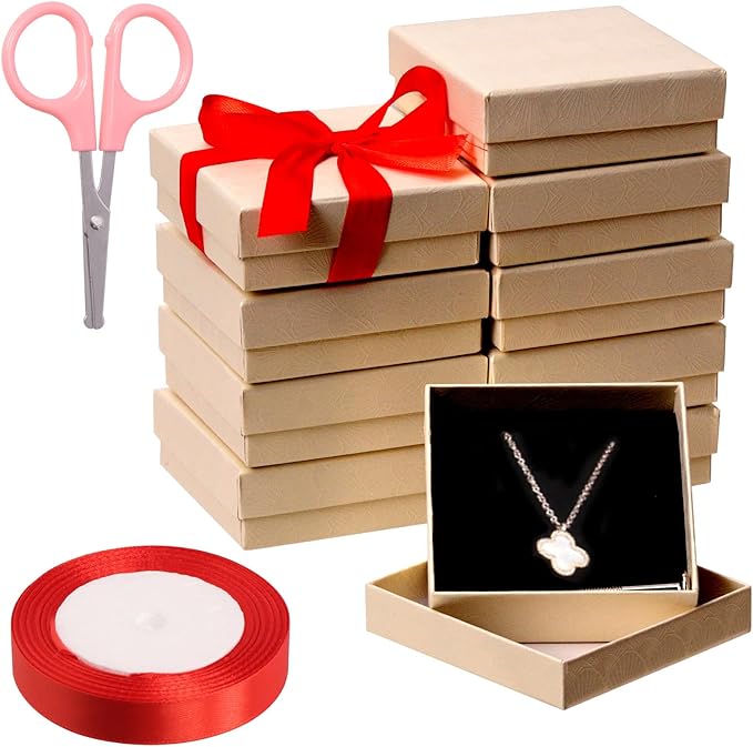 Tanstic 12Pcs Cardboard Jewelry Gift Boxes Kit, 3.5 x 3.5 x 1.2 Inch Beige Gift Boxes Cardboard Jewelry Boxes with 74ft Red Ribbon and Scissor for Rings, Necklaces, Earrings, Bracelets