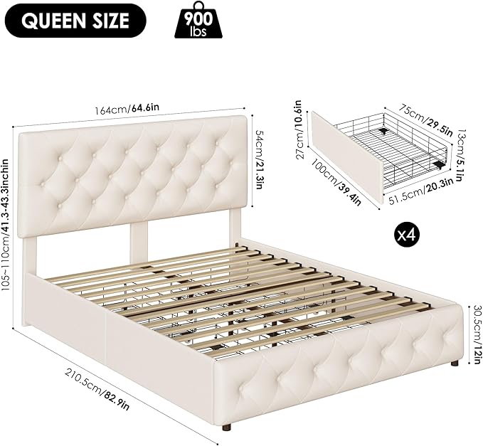 Keyluv Modern Upholstered Bed Frame with 4 Storage Drawers, Button Tufted Headboard Design, Solid Wooden Slat Support, Easy Assembly, Fabric, Beige, Queen Size