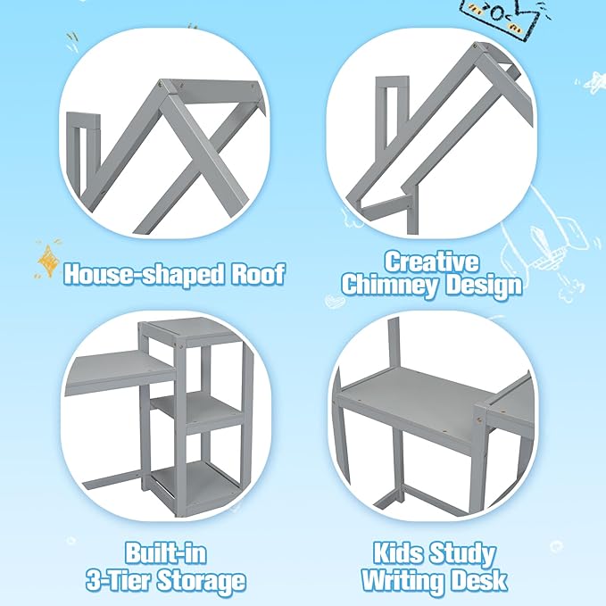 2-in-1 Kids Writing Desk and Bookshelf, 72 inch Tall House-Shaped Wooden Desk for Kids, Built-in 3-Tier Storage Shelves, Anti-Tipping Device, Ideal for Bedroom, Playroom, Learning (Grey)