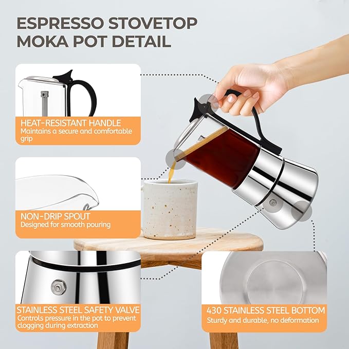 Clear Glass Moka Pot 4 Cup 220ml Stainless Steel Coffee Maker Uncoated Stovetop Espresso Percolator Coffeemaker Italian Classic Style Brewing Greca Cafe Mocha Machine for Cafeteras Camping Travel Home