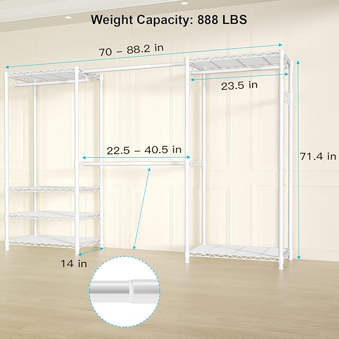Ulif E1 Heavy Duty Closet Garment Rack, 6 Tiers Adjustable Metal Freestanding Expandable Clothing Storage with 4 Hanger Rods, Easy to Assemble Wardrobe, 71.4" H x (70" - 88.2") L x 14" D, White