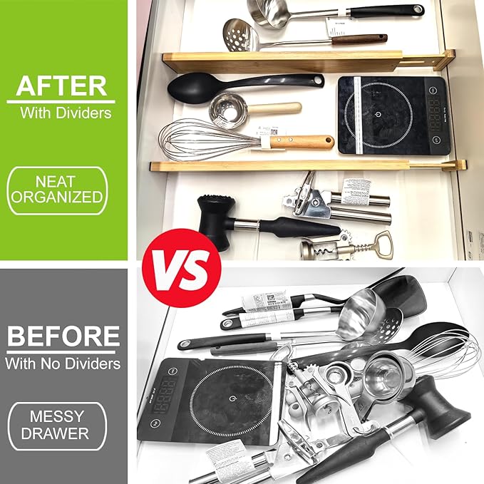 Kitchen Drawer Dividers, Adjustable Bamboo Drawer Organizer (17-22"), Expandable Utensil Organizer for Kitchen Storage, Closet, Dresser (4 Pack)