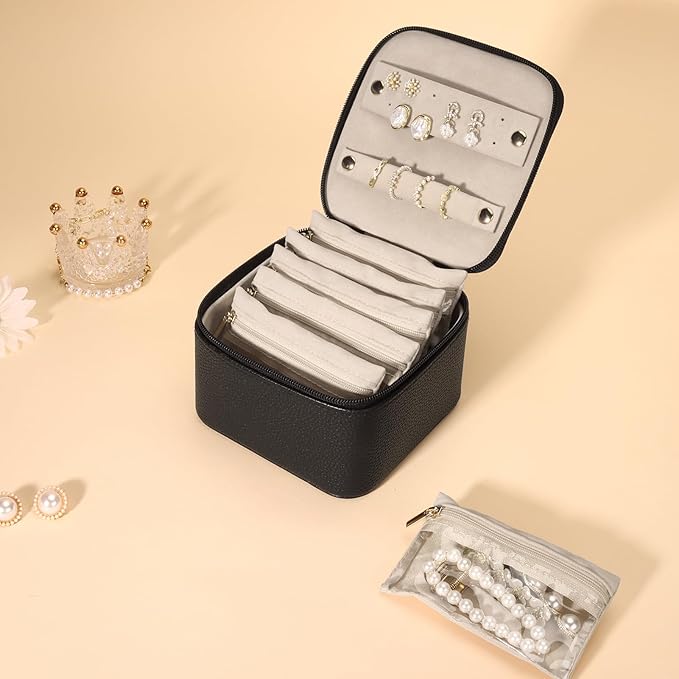 DesignSter Small Jewelry Box, Travel Small Jewelry Organizer with Earring Tray and Ring Holder, Square Travel Jewelry Storage Case with 6 Velvet Jewelry Pouches, Black