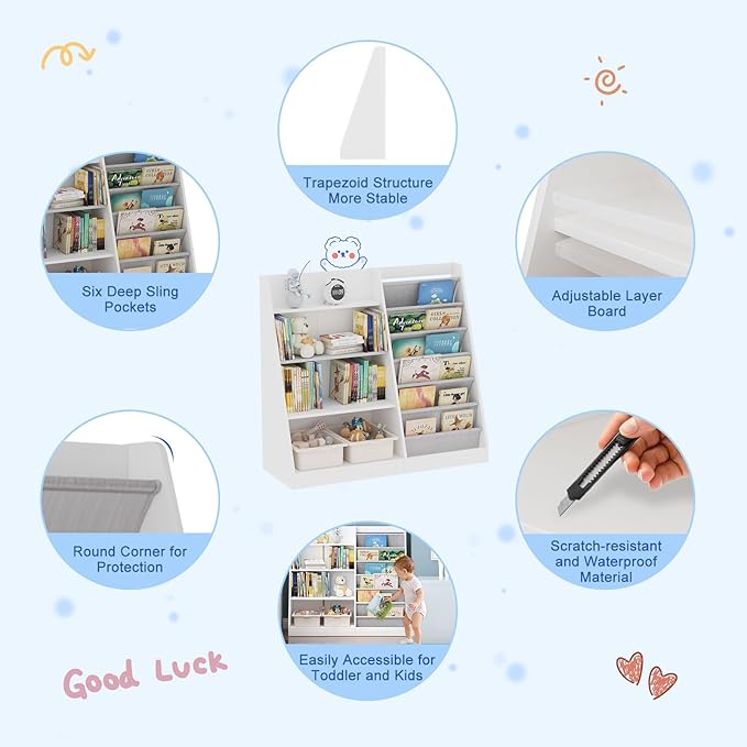 White Kids Bookshelf Wood Toy Storage Organizer Cabinet Children Bookcase Toddler Baby Sling Book Rack Adjustable Shelf for Playroom Bedroom Nursery Hallway School Kindergarten