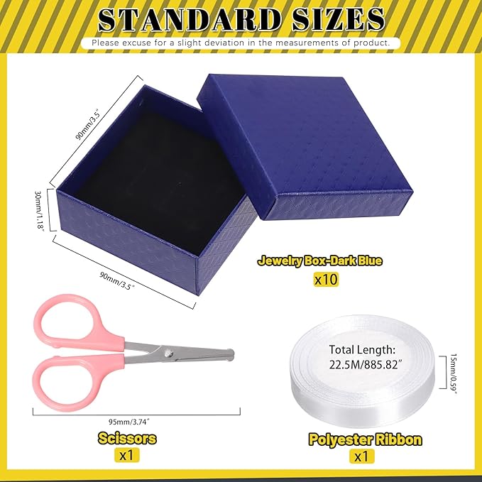 Glarks 12pcs Dark Blue 9 x 9 x 3CM Jewelry Gift Boxes with Pink Scissors and 1.5 x 225CM White Polyester Ribbon Set, Diamond Pattern Necklace Earring Bracelet Boxes Gift Case Ideal