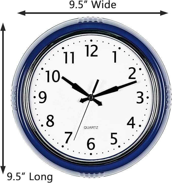 Bernhard Products Retro Wall Clock 9.5 Inch Navy Blue Kitchen 50's Vintage Design Round Silent Non Ticking Quality Quartz Battery Operated Easy to Read Decorative Clocks for Home Office Living Room
