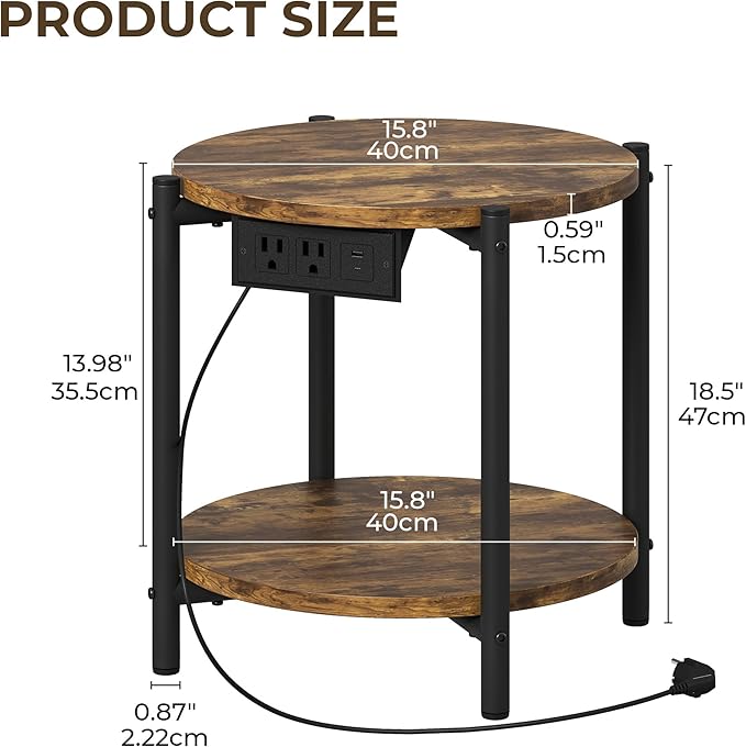 LIKIMIO Small Round End Tables Set of 2 with Charging Station, 2-Tier Wooden Side Tables, 15.8" W Modern Nightstands for Small Spaces, Living Room, Bedroom, Rustic Brown