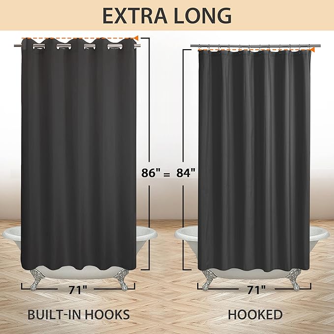 Extra Long No Hook Black Shower Curtain or Liner Soft Microfiber - 84" Length Fabric Shower Curtain Liner Set, Machine Washable & Water Repellent, Black, 71x86