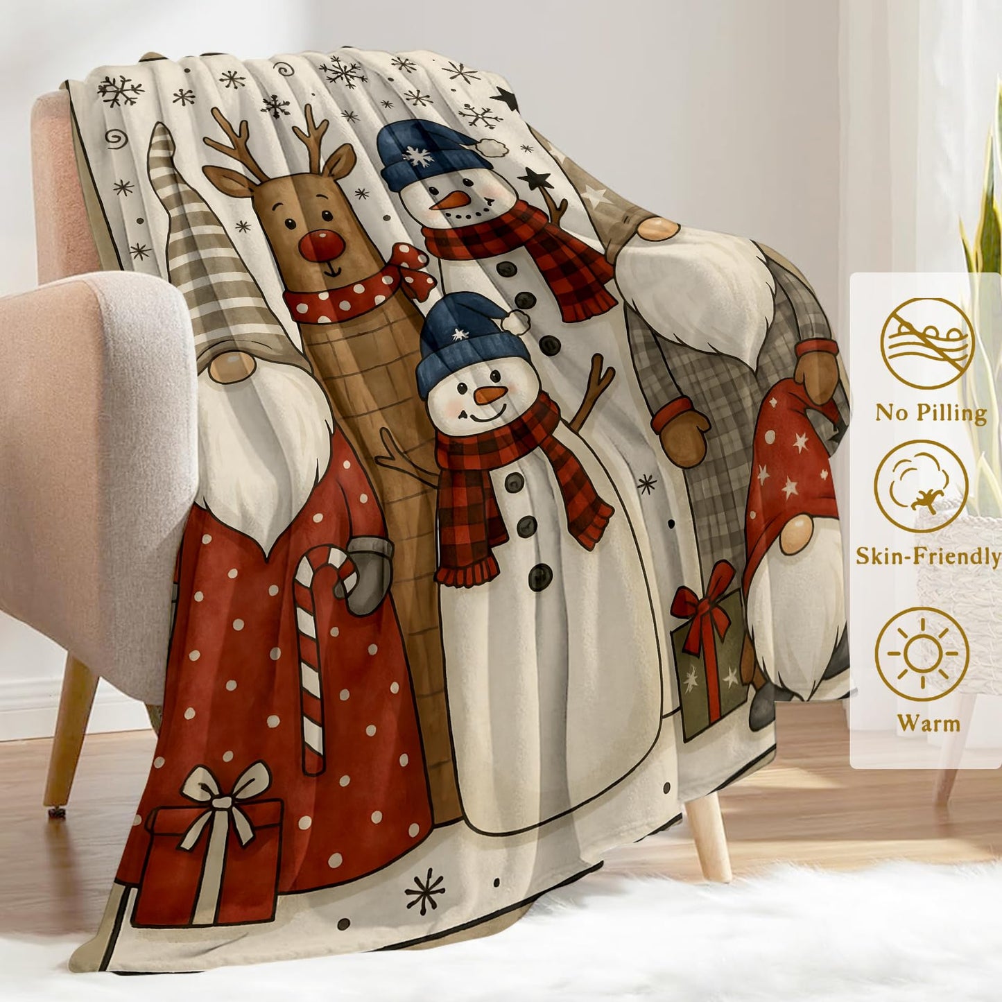 ainori Christmas Decorative Blanket, Gnome Reindeer Snowman Snowflake Print Throw Decoration, Soft Flannel Winter Blankets for Couch Bed Sofa, Holiday Home Decor, Xmas Festival Gifts 50x60 Inch