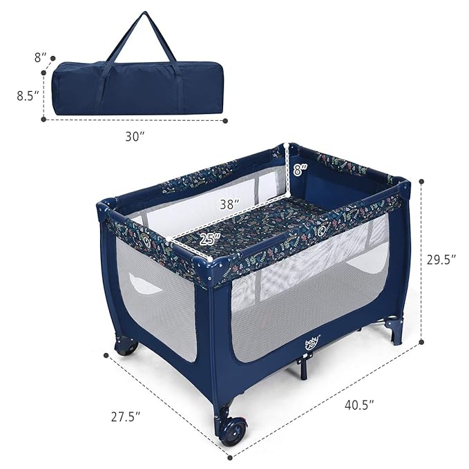 BABY JOY Portable Playard with Bassinet, Double Layer Foldable Baby Playpen with Breathable Mattress, Lightweight Easy Set up Baby Crib with Carry Bag, Foldable Travel Crib from Newborn to Toddlers