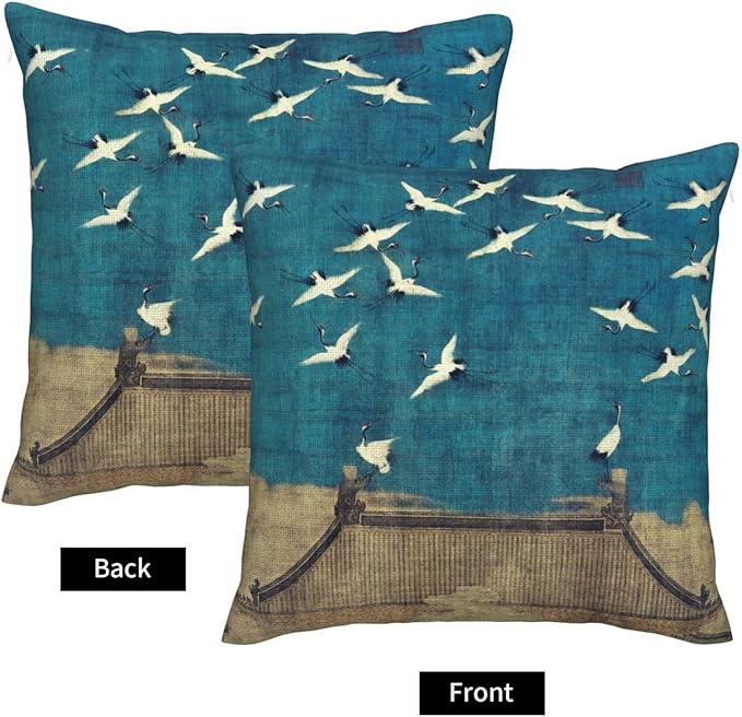 Blue Vintage Chinoiserie Bird Throw Pillow Covers 18x18 Inch Set of 2 Farmhouse Rustic Pillow Case Antique Country Home Decor Cushion Cover of Sofa Living Room Bedroom