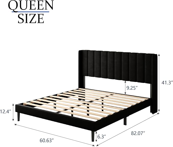 Queen Size Bed Frame with Upholstered Wingback Headboard, Easy Assemnly Platform Bed, Wooden Slat Support No Box Spring Needed, Black Velvet
