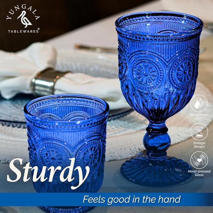 Yungala Cobalt Blue Wine Glasses Set of 6 Blue Goblets - Handcrafted Vintage Glassware with Sunflower Motif, Dishwasher Safe Cobalt Blue Glassware