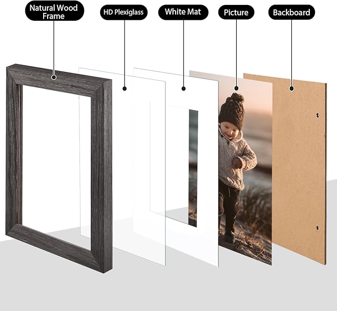 KINLINK A5 Picture Frame, Ash Black Solid Wood Frames with Acrylic Plexiglass for Pictures 4x6 with Mat or A5 without Mat, Tabletop and Wall Mounting Display 4 Pack