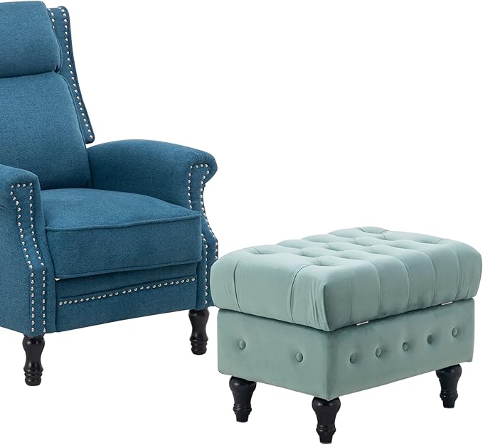 Artechworks Rectangular Storage Coffee Table Ottoman,Button Tufted Velet Upholstery Footstool Bedroom Ottoman for Living Room, Home Office, Space-Saving Storage Toy Box Stool, Light Blue