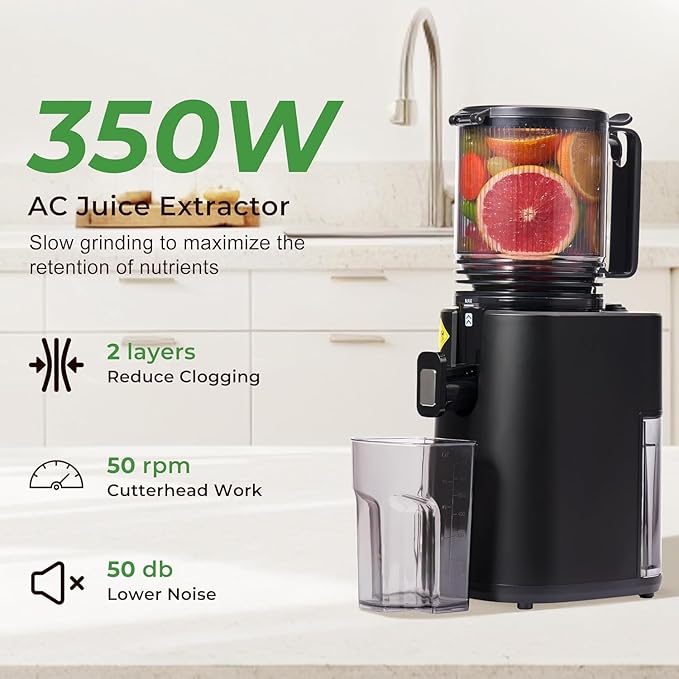 Masticating Juicer with Powerful 350W AC Motor, 5.4" Wide Feed Chute, Cold Press Slow Juice Extractor for Whole Fruits & Vegetables, High Juice Yield, AC-Black