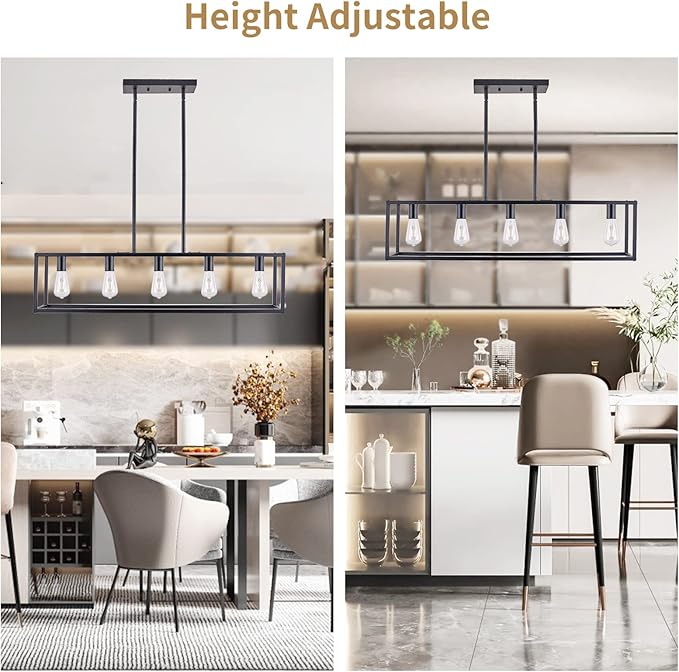 Kitchen Light Fixtures Dining Room Light Farmhouse Rectangle Chandeliers for Dining Rooms, Light Fixture Matte Black 5-Light Industrial Pendant Lighting