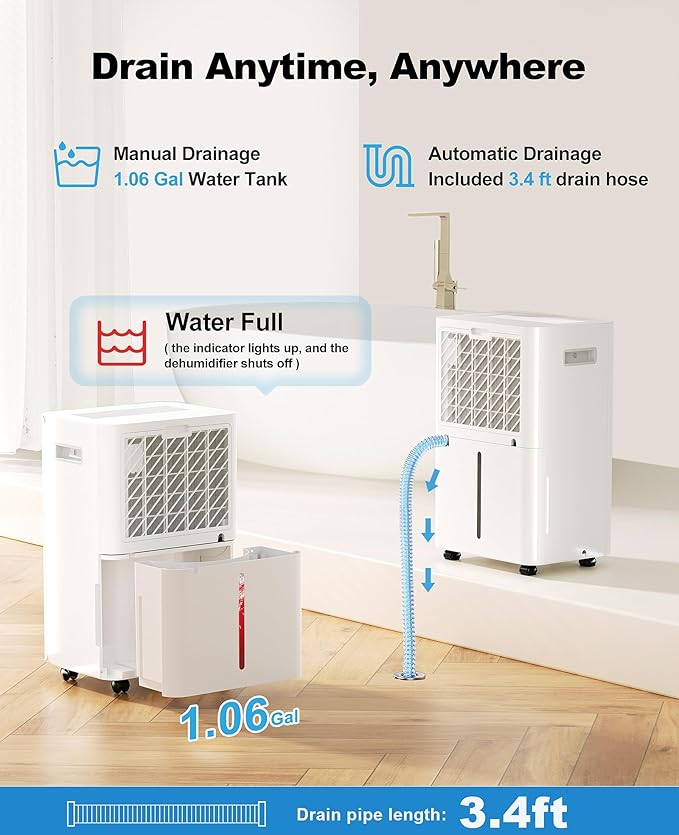 4500 Sq. Ft Dehumidifier for Basement, Lienuis 50 Print Dehumidifiers for Home with Drain Hose, Auto or Manual Drainage, Humidity Control, Dry Clothes Function, 24H Timer,1.06 Gallon Water Tank