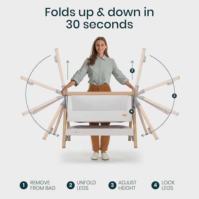 CoZee® 2-in-1 Baby Bassinet & Bedside Sleeper - Fast-Folding Bedside Bassinet, Baby Crib with 6 Mattress Heights & Breathable Mesh Window, Mattress Included, 0-6 Months (Silver & Oak)