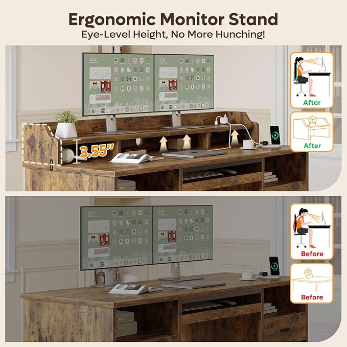 Bestier Farmhouse 59" Executive Desk with Drawers, Wood Computer Desk with Charging Station, Home Office Desk with Keyboard Tray & Monitor Stand, Sturdy Pedestal Desk for Work Study, Rustic Brown