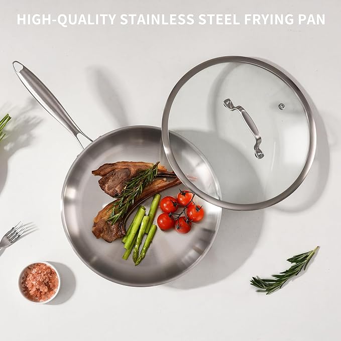 Tri-Ply Stainless Steel Pan Set, PFOA and PTFE-Free Skillet Griddle, Stainless Steel Pan Set with Lid for the Kitchen, Induction-Compatible Cookware Sets, Dishwasher and Oven Safe