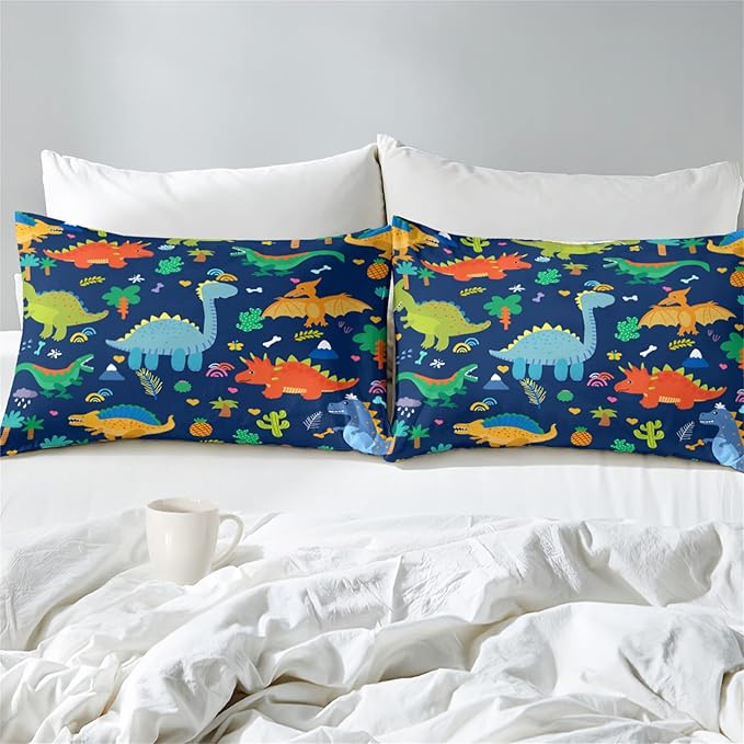 Cute Cartoon Dinosaur Bedding Set, Ultra Soft Full Size Comforter Set for Boys, Lovely Dinosaur Printed Comforter for Kids Teens, Dark Blue Microfiber Quilt for All Season 3Pcs with Pillowcases