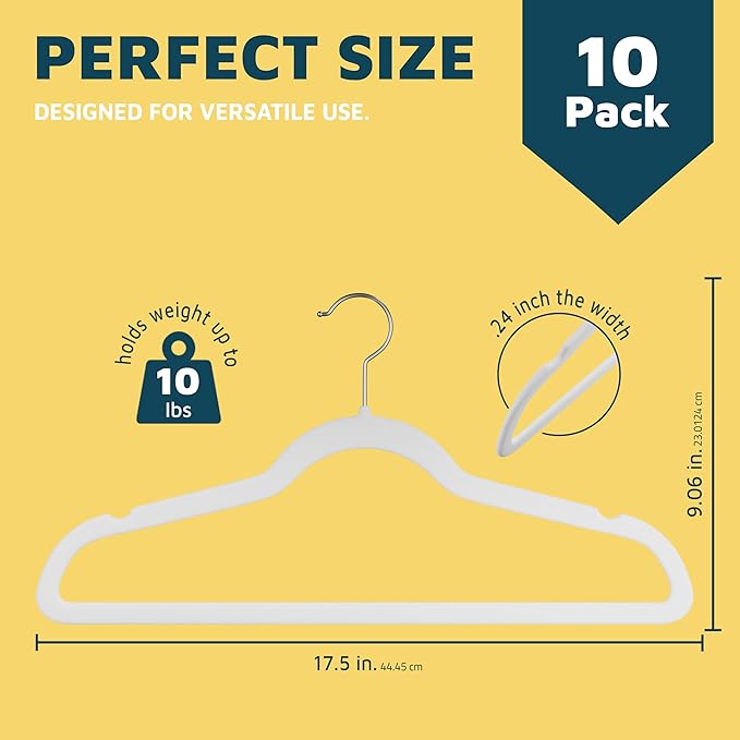 Velvet Clothes Hanger – with 360 Degree Swivel Hook and Non-Slip Shoulder Notch, Holds Up to 10 lbs, Heavy Duty Hanger Set, for Organizing Suit, Dress, Coat, and Clothes, Pack of 10, White