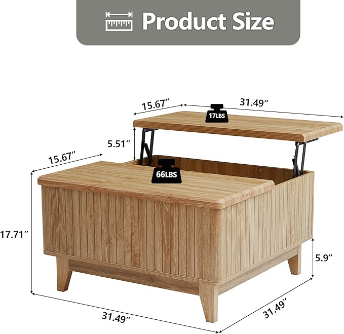 Lift Top Coffee Table, Square Coffee Table with Hidden Storage Compartment, Farmhouse Wood Center Table Dining Table for Living Room, Bedroom, Home Office (Natural)