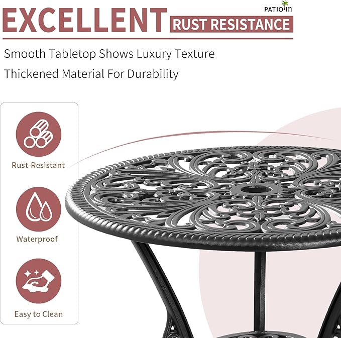 Outdoor Bistro Table and Chairs Set of 2, Outdoor Bistro Set 3 Piece with Umbrella Hole, Black Patio Bistro Sets Cast Aluminum for Balcony Porch Yard