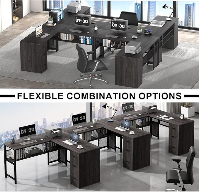 LVB L Shaped Desk, Wood Metal Computer Desk with Drawer, Industrial Corner Home Office Desk with Storage Cabinet for Bedroom, Dark Gray Oak, 59 Inch