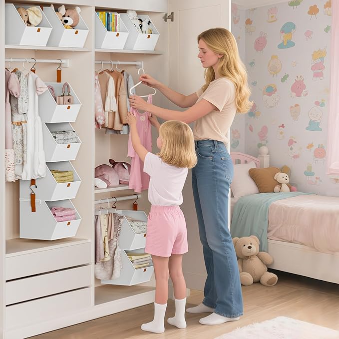 Hanging Closet Organizer 4 Tier - Clothes Hanging Shelves, Space-Saving Closet System, Fabric Storage Bins Bedroom Organization, Collapsible Baskets for Home, Dorm, Rv, White, 2 Pack