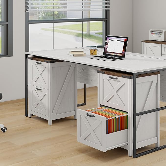 Vertical File Cabinet with 2 Drawers, Wooden Farmhouse Filing Cabinet for Letter/A4 Size Hanging Files, Under Desk Printer Stand with Storage for Home Office, Rustic White