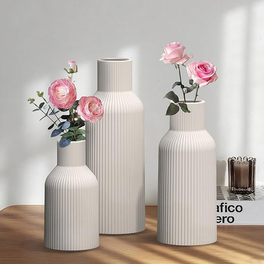 White Ceramic Vases Set of 3, White Ribbed Decorative Vases - Table Centerpieces for Wedding, Living Room, Office & Shelf Decor